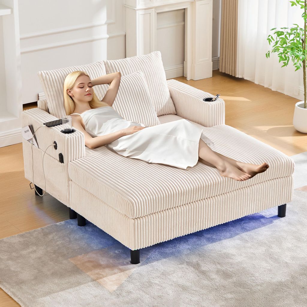 Abrihome Chaiselongue aus Samt mit Kissen und Rückenlehne, Sofa Liegesessel mit Getränkehaltern, USB&LED, Beige
