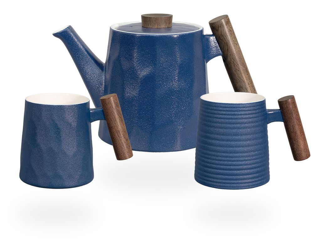 tea4chill Teeservice oder Kaffeeservice aus Porzellan blau mit Holzgriffen. Teekanne, Kaffeekanne 1,2 Liter. Teetassen, Kaffeetassen 400ml. Vintage