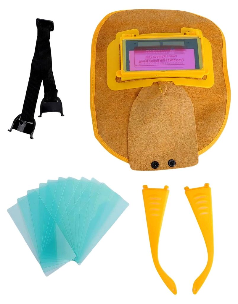 Leder-Schweißhelm mit Pancake-Design, leicht, verstellbar, blendfreies Klappvisier und abnehmbare Linse für elektrisches Schweißen, Gasschweiße...