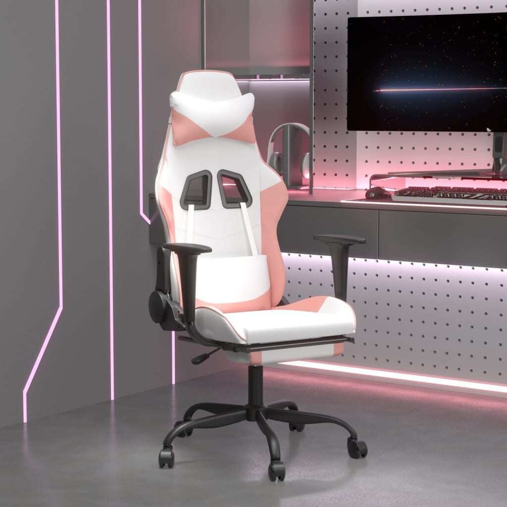 Cloris Designermöbel Gaming-Stuhl mit Massage & Fußstütze Weiß und Rosa Kunstleder 2024 Neu