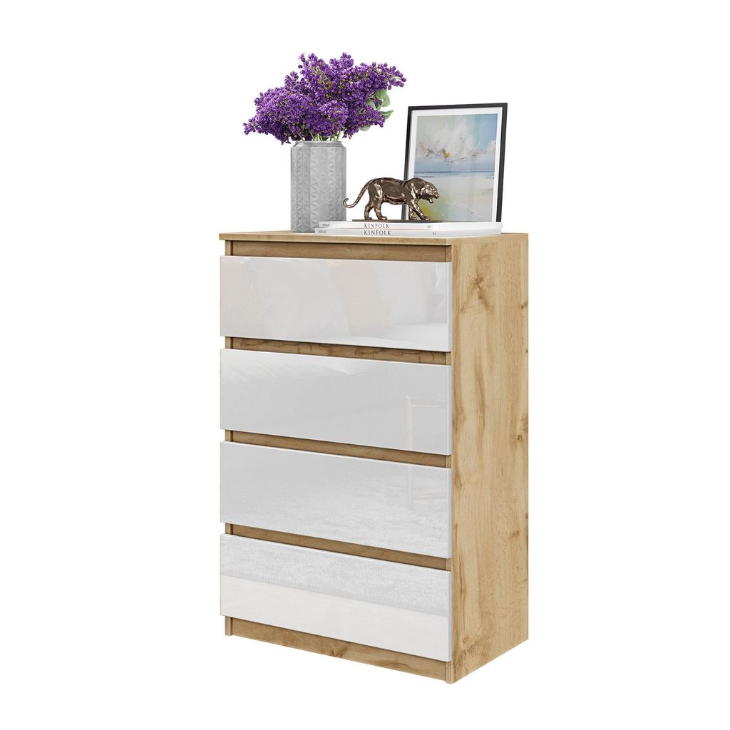 Commode haute avec 4 tiroirs - Chêne Wotan / Blanc brillant Image du produit 