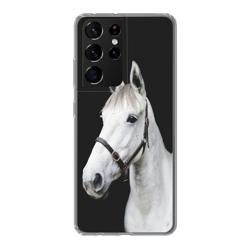 MuchoWow Handyhülle Schutzhülle Hülle für Samsung Galaxy S21 Ultra Pferd - Halfter - Weiß Silikon Softcase Handy Hülle - Mobiltelefon