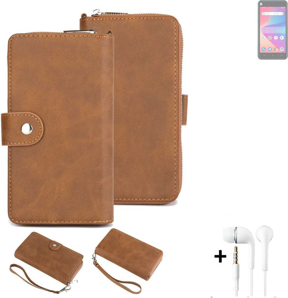 K-S-Trade Handy Schutz Hülle kompatibel mit BLU Studio X10L 2022 + Kopfhörer Portemonnee Tasche Wallet-Case Bookstyle-Etui braun (1x)