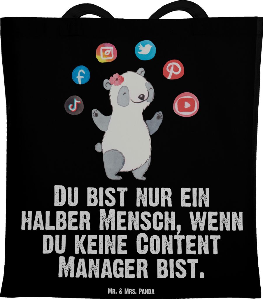 Mr. & Mrs. Panda Tote Bag Content Manager Herz - Schwarz - Geschenk, Tasche, festival, Shopping, Uni, Schultasche