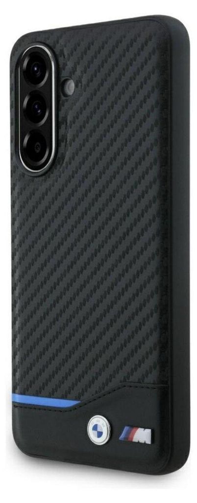 A close-up side view of a black smartphone case with a carbon fiber texture and BMW M branding.