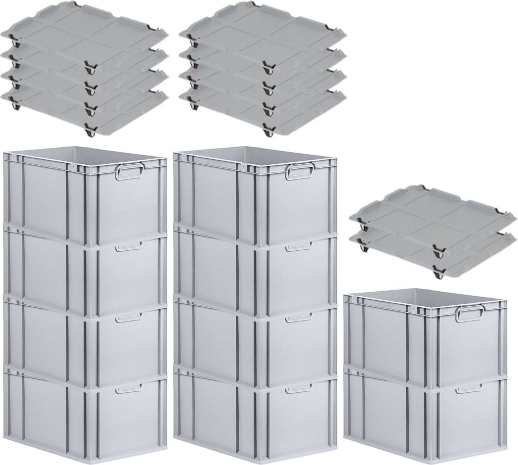 SparSet 10x Eurobox NextGen Grip mit Auflagedeckel inkl. 4 schwarzen Schiebeschnappverschlüssen | HxBxT 32x40x60cm | 65 Liter | Griffe geschlossen...