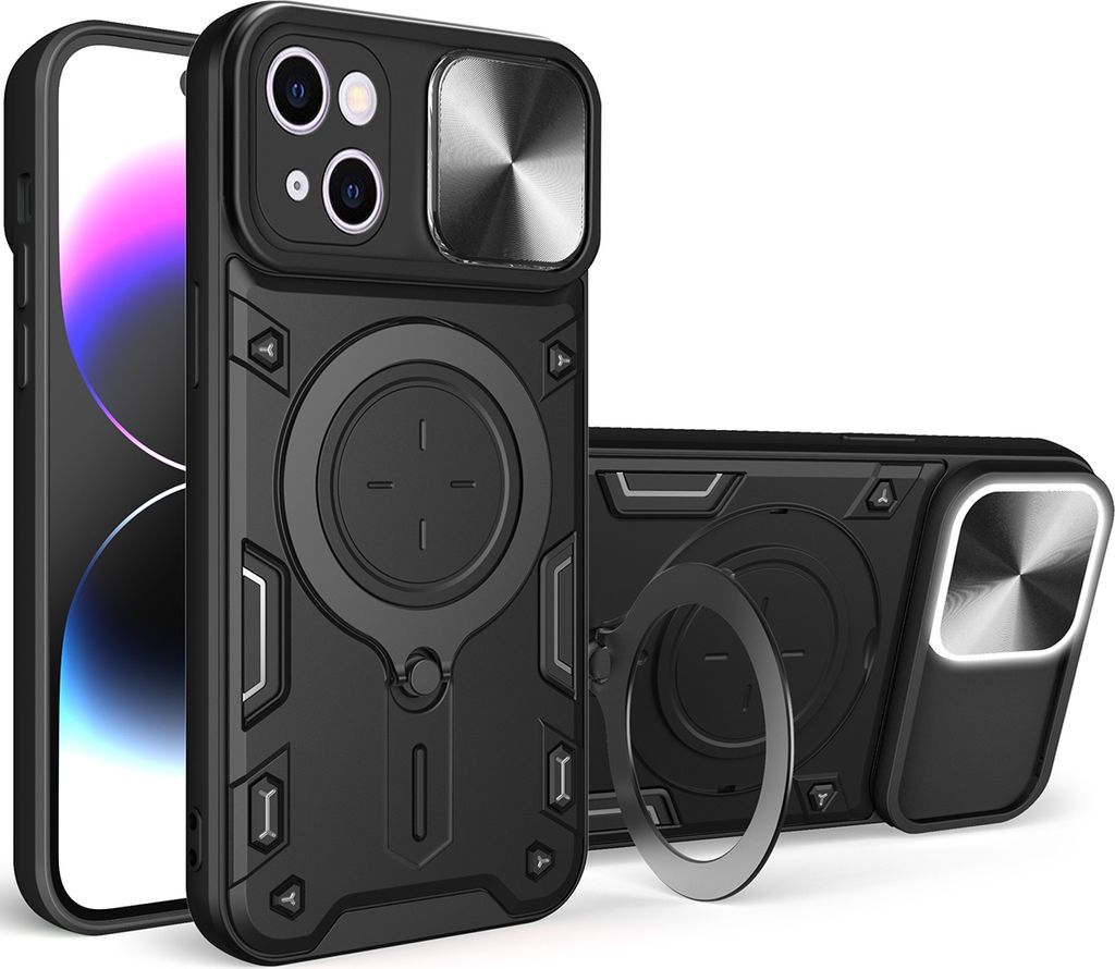 Handyhülle für iPhone 15 Plus Dual-Layer Stoßfest Rüstung Hülle mit Dia Kameraschutz und Kreisförmig Ring Ständer Schwarz