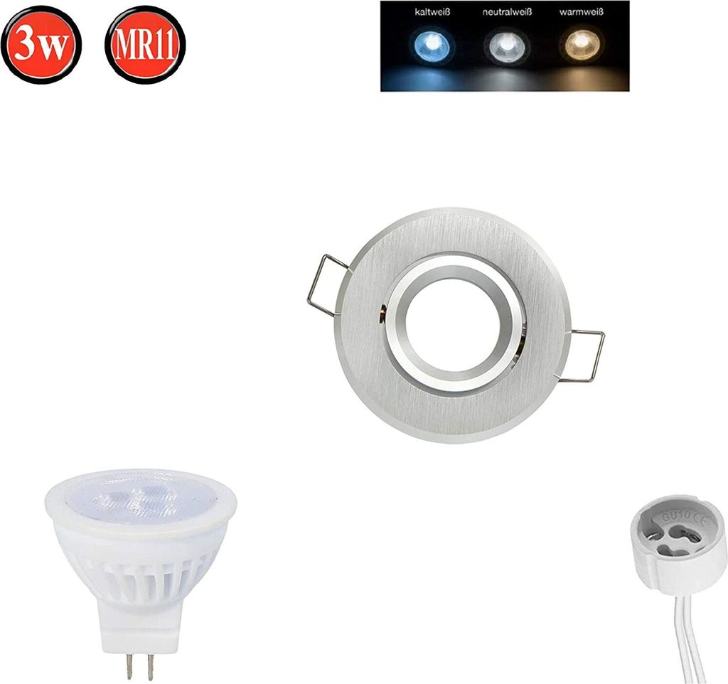 Einbaustrahler Schwenkbar 35° MR11 Ø60mm Bohrloch Alu inkl. MR11 3W Warmweiß 255lm LED Leuchtmittel Silber Brushed Rund
