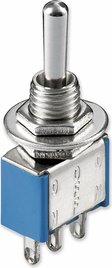 A close-up studio shot of a single toggle switch.