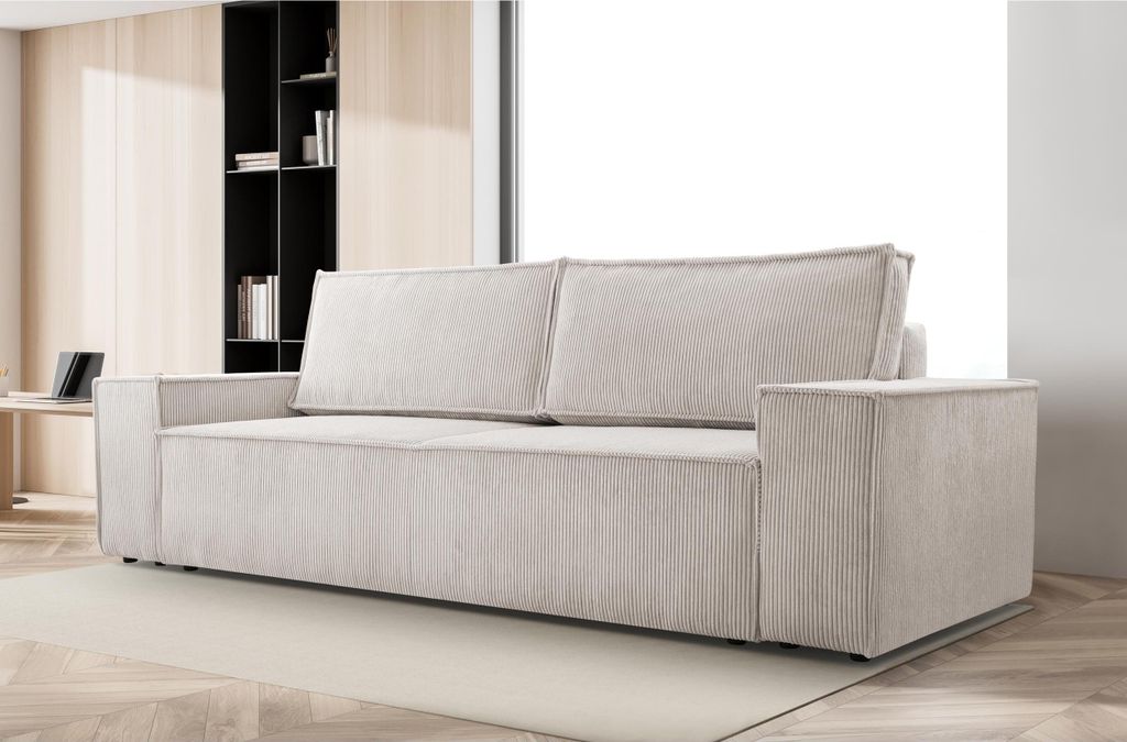 Schlafsofa 250 cm breit MALIBU Sofa mit Cordstoff gepolstert Schlafcouch mit Bettkasten Couch mit Schlaffunktion 250 cm breit, Farbe: Beige, Poso 100