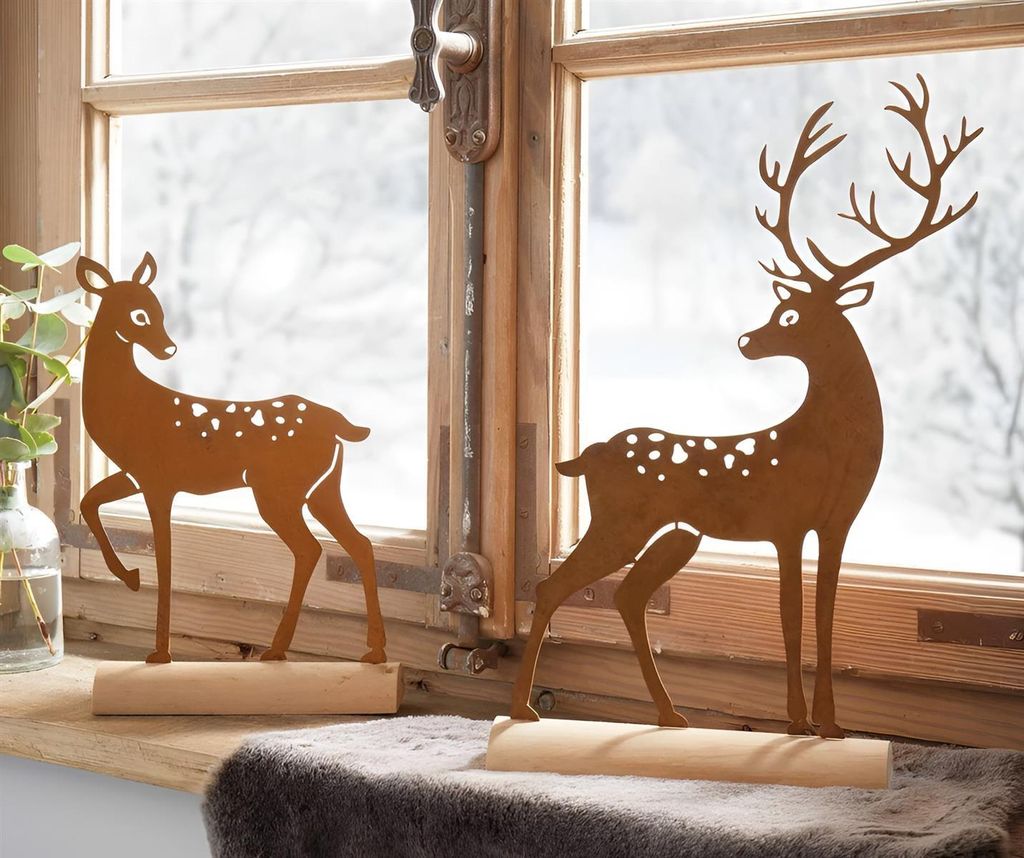 2x Dekofigur "Reh & Hirsch" aus Metall mit Echt Rost, auf Holz Sockel, Weihnachtsdeko, Rostdeko