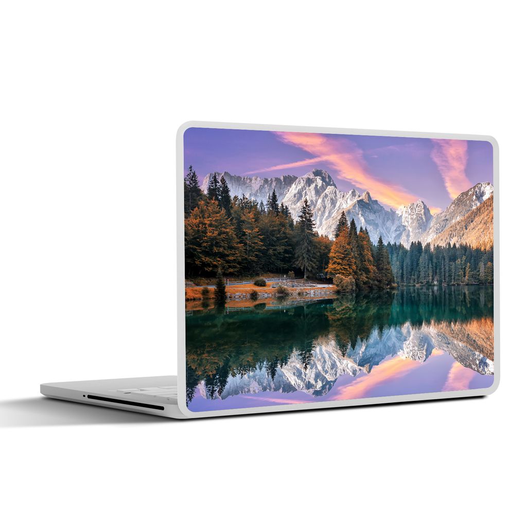 MuchoWow Laptop Aufkleber Sticker Cover Berg - Wald - Wasser - Himmel - Rosa - Lila 32.5x23.5 cm - Sticker für Laptop - Selbstklebend