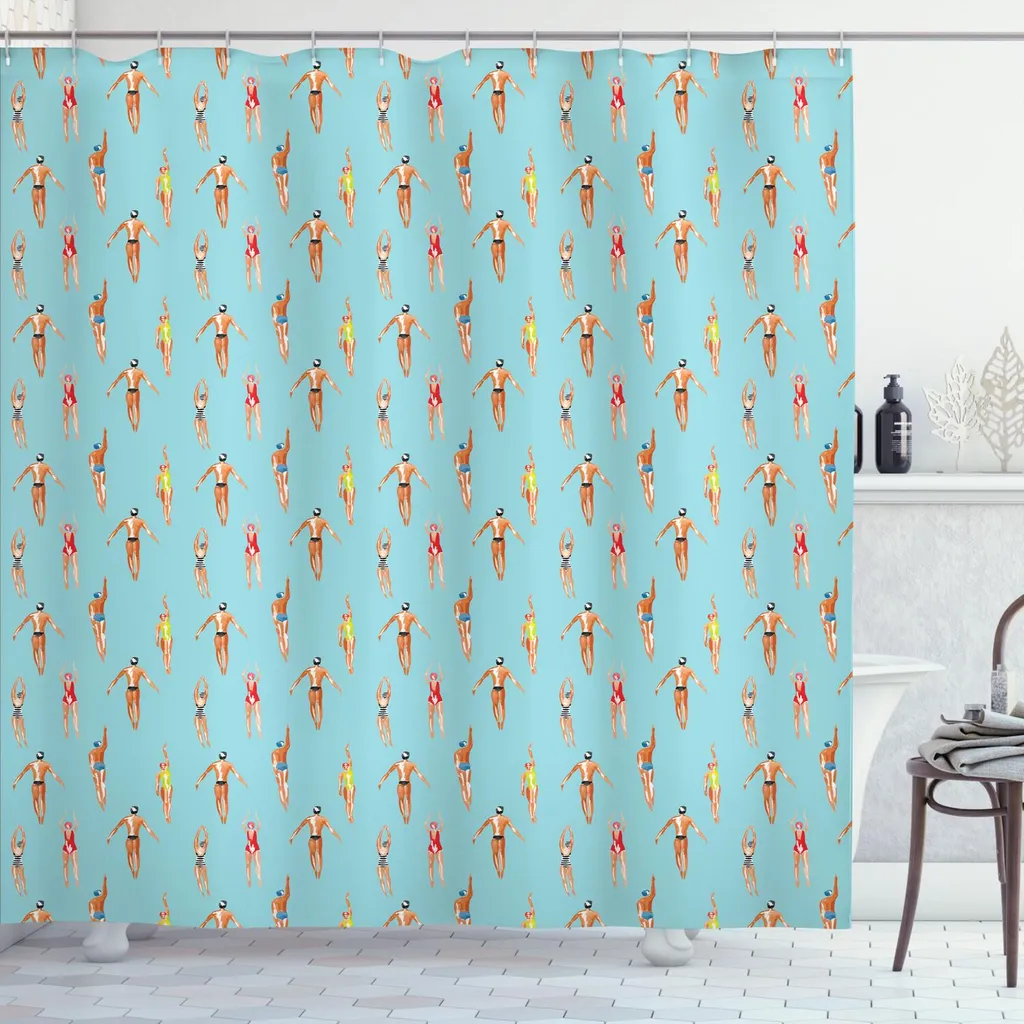 ABAKUHAUS Tenda da doccia estiva, acquerello Uomini e donne che nuotano nel mare Sport Stile di vita sano e attivo, 175 x 240 cm, multicolore