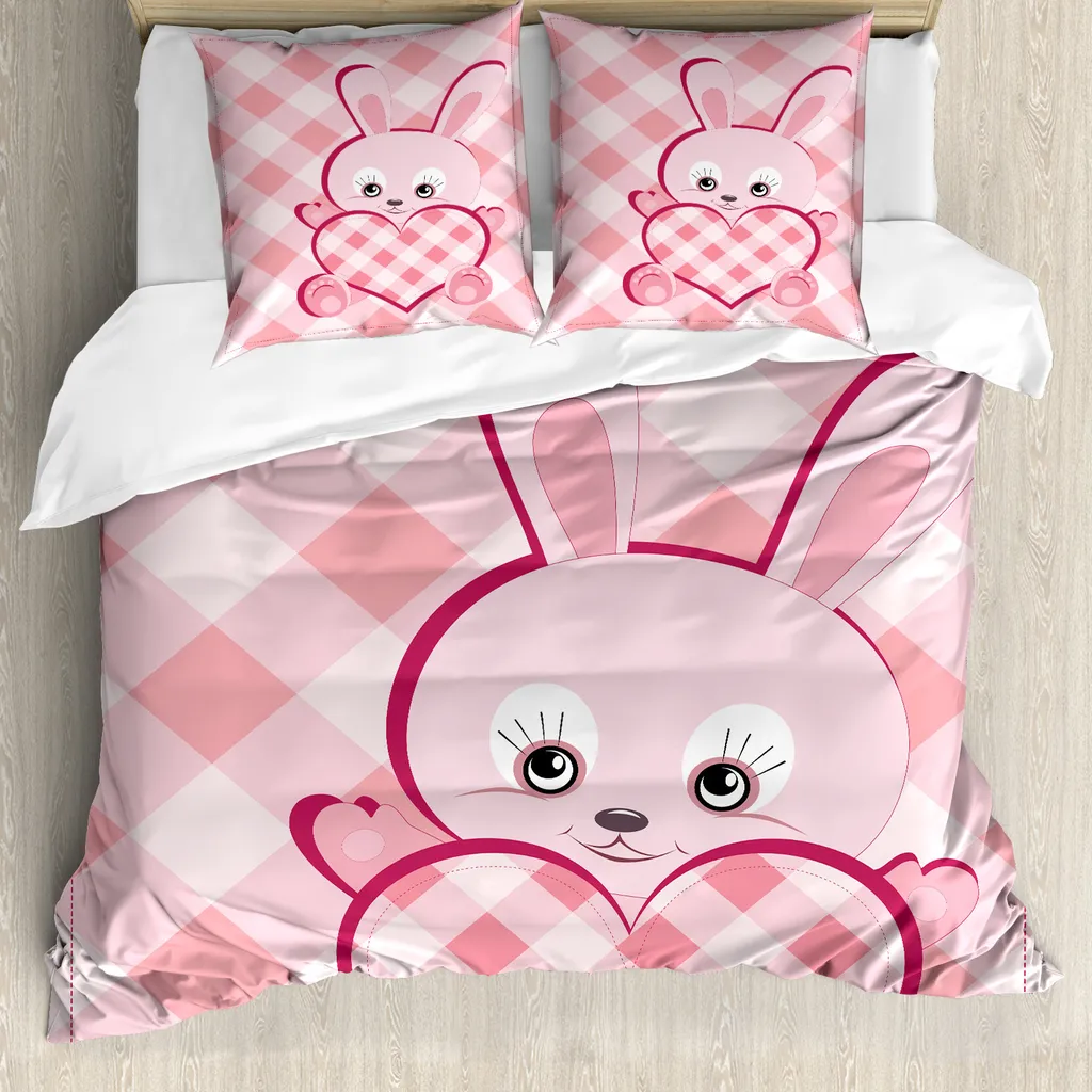 Housse de couette bébé ABAKUHAUS 155x220 cm motif lapin et cœur rose