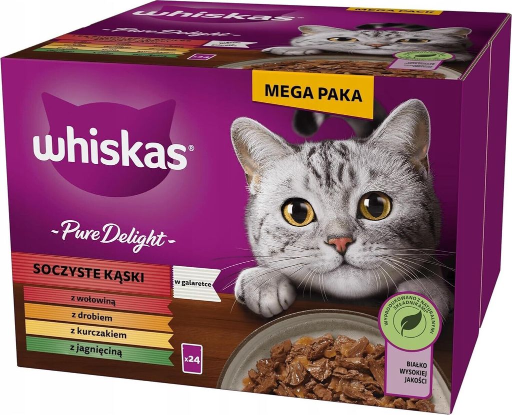 Whiskas Pure Delight Klassisches Ragout in Gelee Portionsbeutel 24x85g Hochwertiges Nassfutter für ausgewachsene Katzen