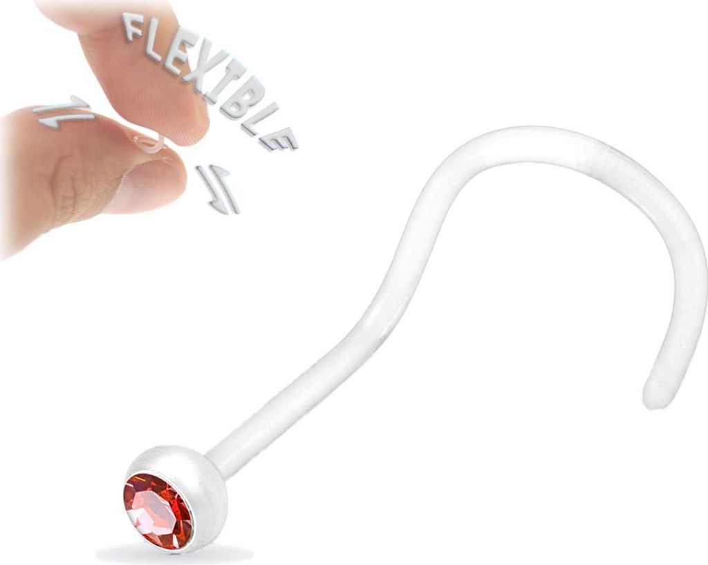 viva-adorno 0,8mm Nasenstecker Bioflex flexibel transparent Kunststoff Zirkonia Kristall Strass Nasen Piercing Z324, Rot