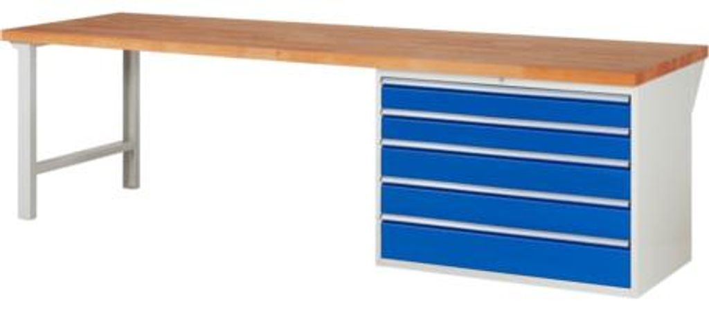 Werkbank mit 5 XXL Schubladen - Teilauszug - 120:2 / 150:2 / 180:1 - 840 x 3.000 x 900 mm (HxBxT) - Traglast 1.000 kg - Buche