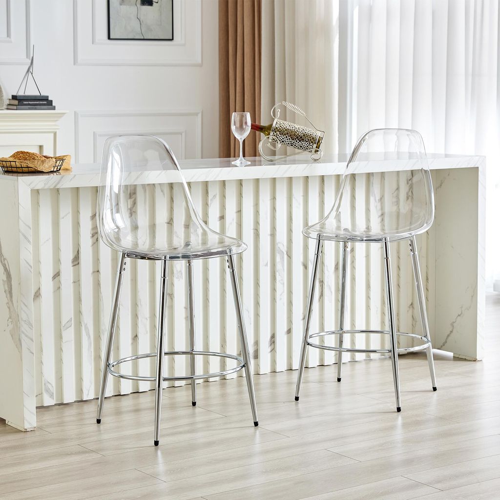 2er-Set transparente Barhocker, schwebendes Design, silberne Metallbeine, für offene Küche, 102 cm