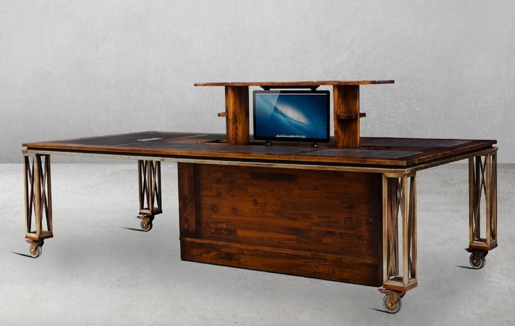 Casa Padrino Luxus Vintage Stil Schreibtisch Braun / Messing / Schwarz 270 x 120 x H. 76 cm - Massivholz Bürotisch mit Rollen - Vintage Stil Büro...