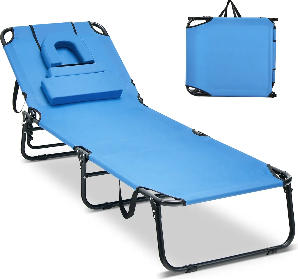 Transat de jardin pliable bleu idéal pour le bronzage et la sieste 194cm