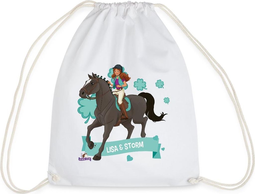 Spreadshirt Schleich Horse Club Lisa & Storm reiten aus Turnbeutel, One size, Weiß