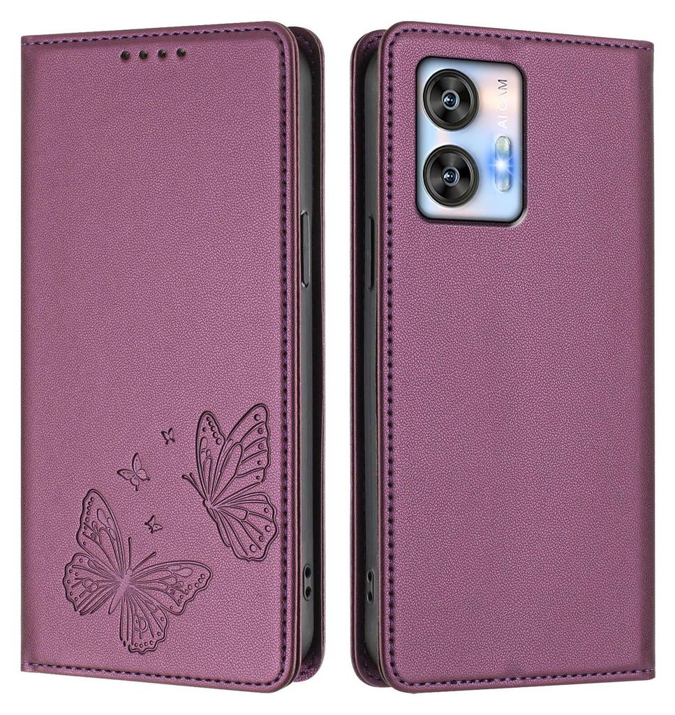 Lederhülle für Oukitel C35 /Oukitel C36, Schmetterling Prägung Leder Brieftasche Schutzhülle mit Ständer Lila