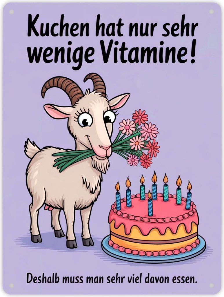 Ziege mit Torte - Viel Kuchen essen Metallschild XL in 21x28 cm