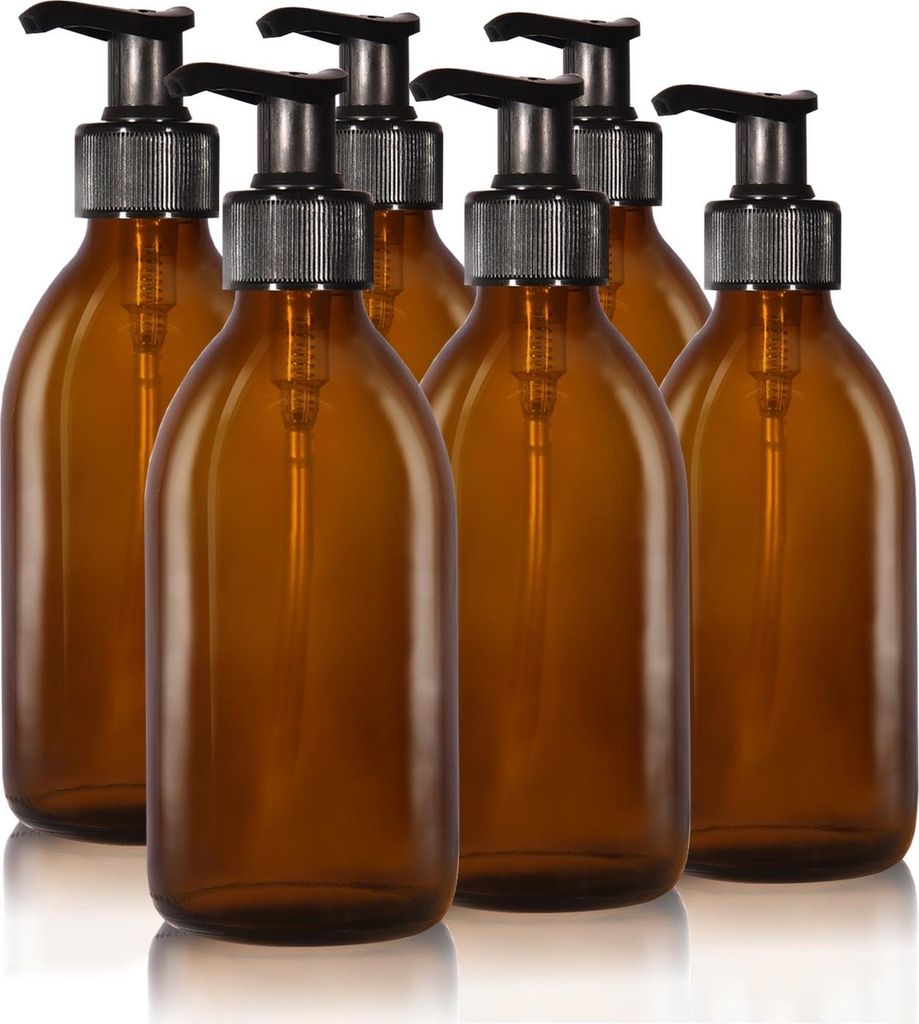 Oputec 6 x 250 ml Seifenspender aus Glas – Shampoo-Flaschen zum Befüllen Duschgel-Spender Pumpspender aus Braunglas – Küche und Badezimmer