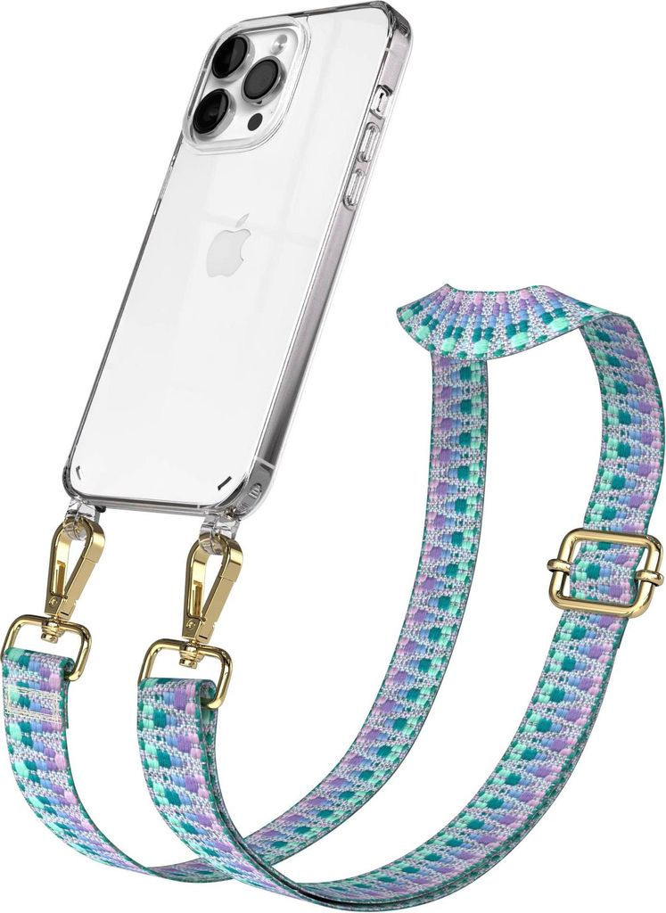 EAZY CASE Handykette - Verstellbarer Trageriemen kompatibel mit Apple iPhone 14 Pro Max, Handykordel mit transparenter Silikon-Hülle, Karabiner Go...