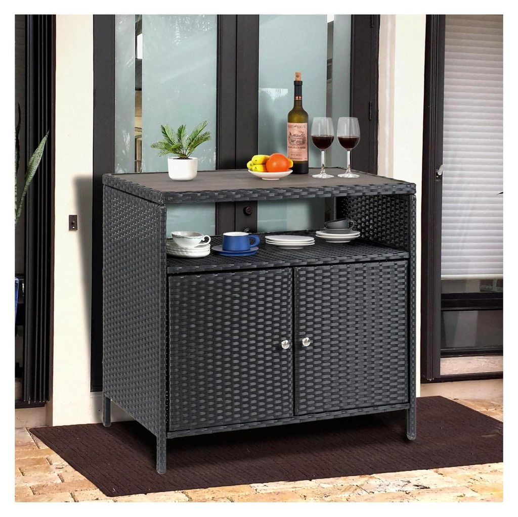 Wetterfester Rattan-Bartisch mit zwei Türen und Einlegeböden, Konsolentisch aus Korbgeflecht für Garten, Pool, Küche, 90 x 53 x 85 cm, Schwarz
