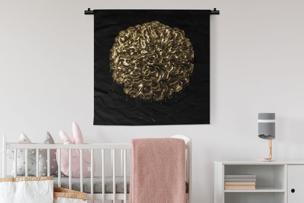 MuchoWow Wandteppich Wandbehang Blumen - Blätter - Gold 90x90 cm Tapisserie Dekoration Wandtuch - Wandaufhänger