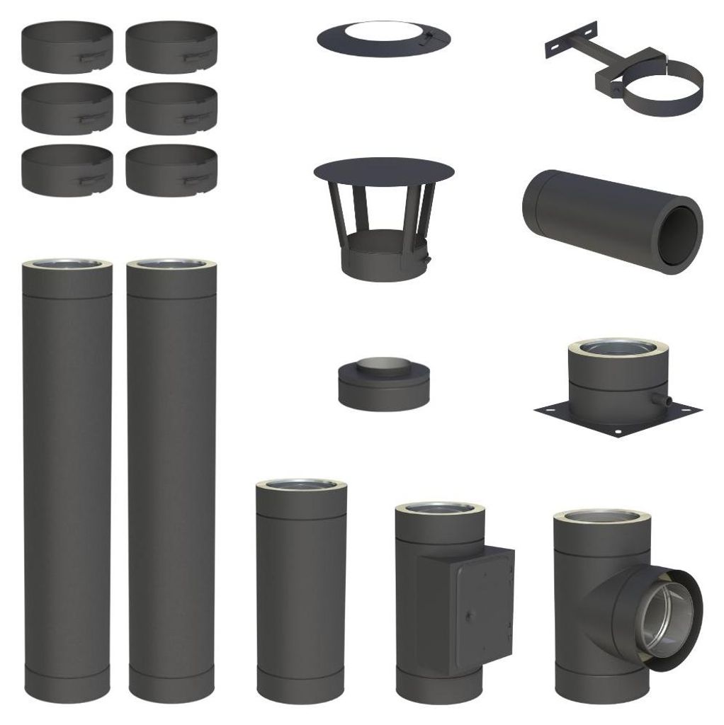 3,3 m Edelstahlschornstein Ø 200 mm Komplettset doppelwandig DW-Black Bodenmontage