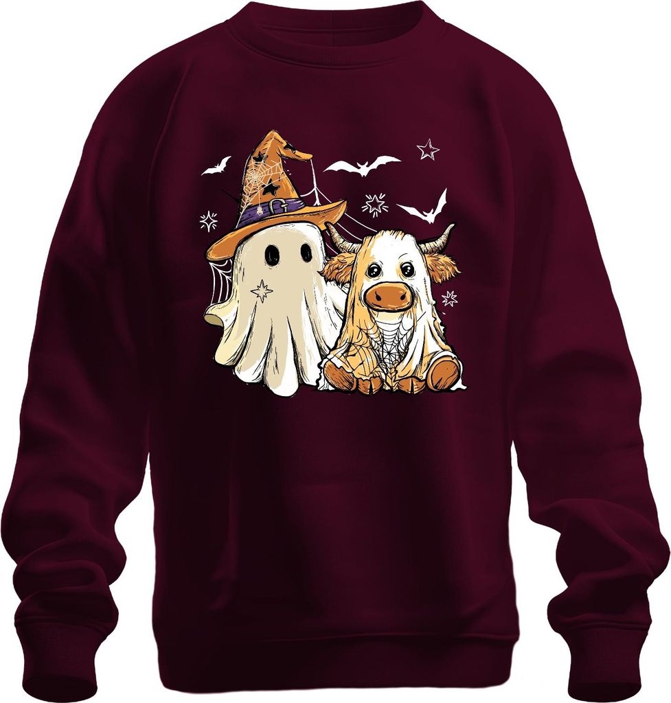 Halloween Kuh Geist süßes Kostüm Spinnennetz Hexenhut Cartoon Uni Sweatshirt Pullover, Burgundy, L