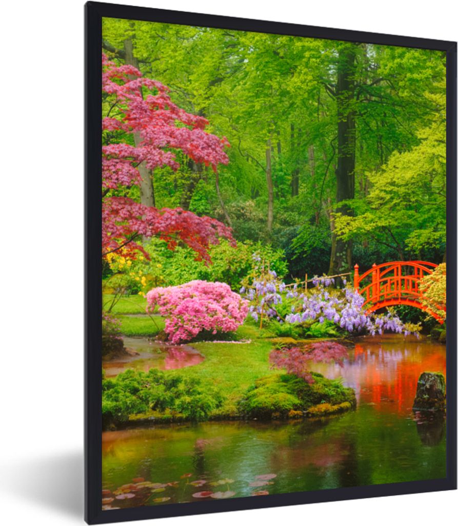 MuchoWow Gerahmtes Poster Brücke - Japanisch - Botanisch - Bäume - Blumen 60x80 cm - Poster mit Schwarzem Bilderrahmen Wandposter Rahmen Foto B...