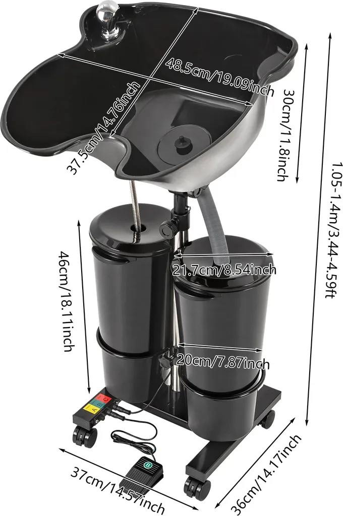 Bac à shampoing mobile réglable noir et design ergonomique double cuve