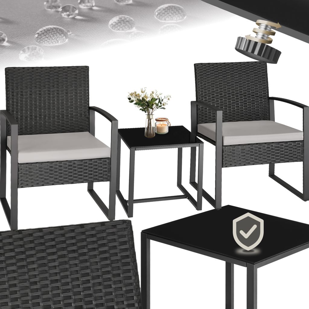 A set of outdoor furniture, including two chairs and two tables, with a decorative element at the top.