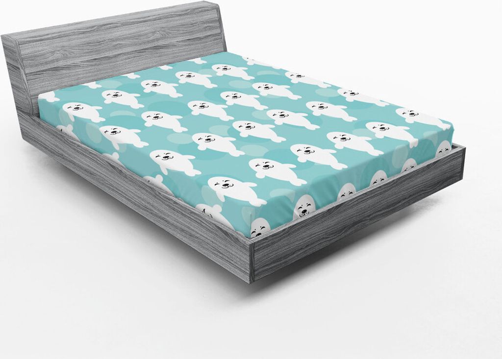 ABAKUHAUS Meerestiere Spannbetttuch, Baby Seals mit niedlichen Gesichter Kinder lächelnd fröhlich Kinder Theme, 135 x 190 cm, Türkis Hellblau