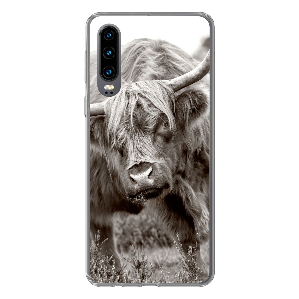 MuchoWow Handyhülle Schutzhülle Hülle für Huawei P30 Schottischer Highlander - Schwarz - Weiß - Hörner Silikon Softcase Handy Hülle - Kart...