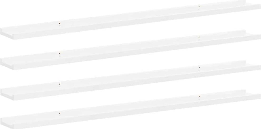 Four white shelves are arranged diagonally on a white background.