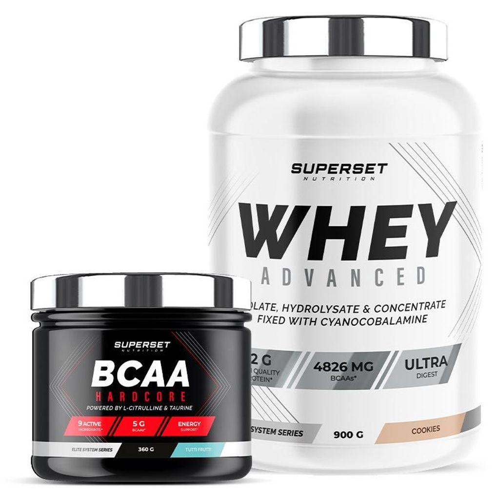 Programm Muskuläre Kontur - 100% Whey Protein Advanced 900g Cookies - BCAA Hardcore Tutti Frutti