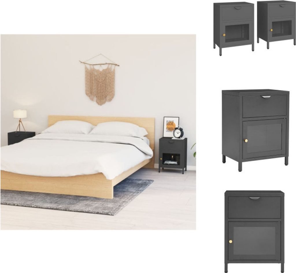 vidaXL Nachttische 2 Stk. Anthrazit 40x30x54,5 cm Stahl und Glas - Nachttische