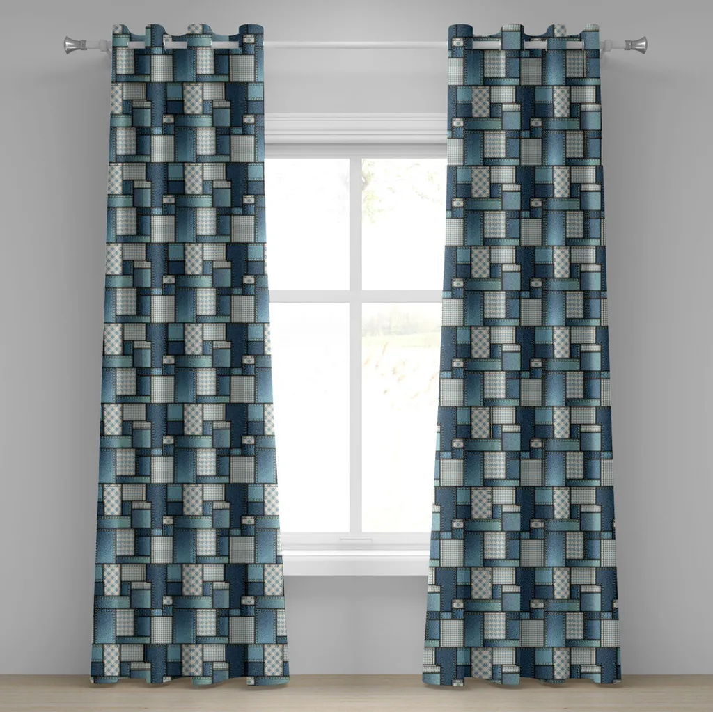 Rideau bleu à motifs couture et denim, tissu premium 280 x 175 cm