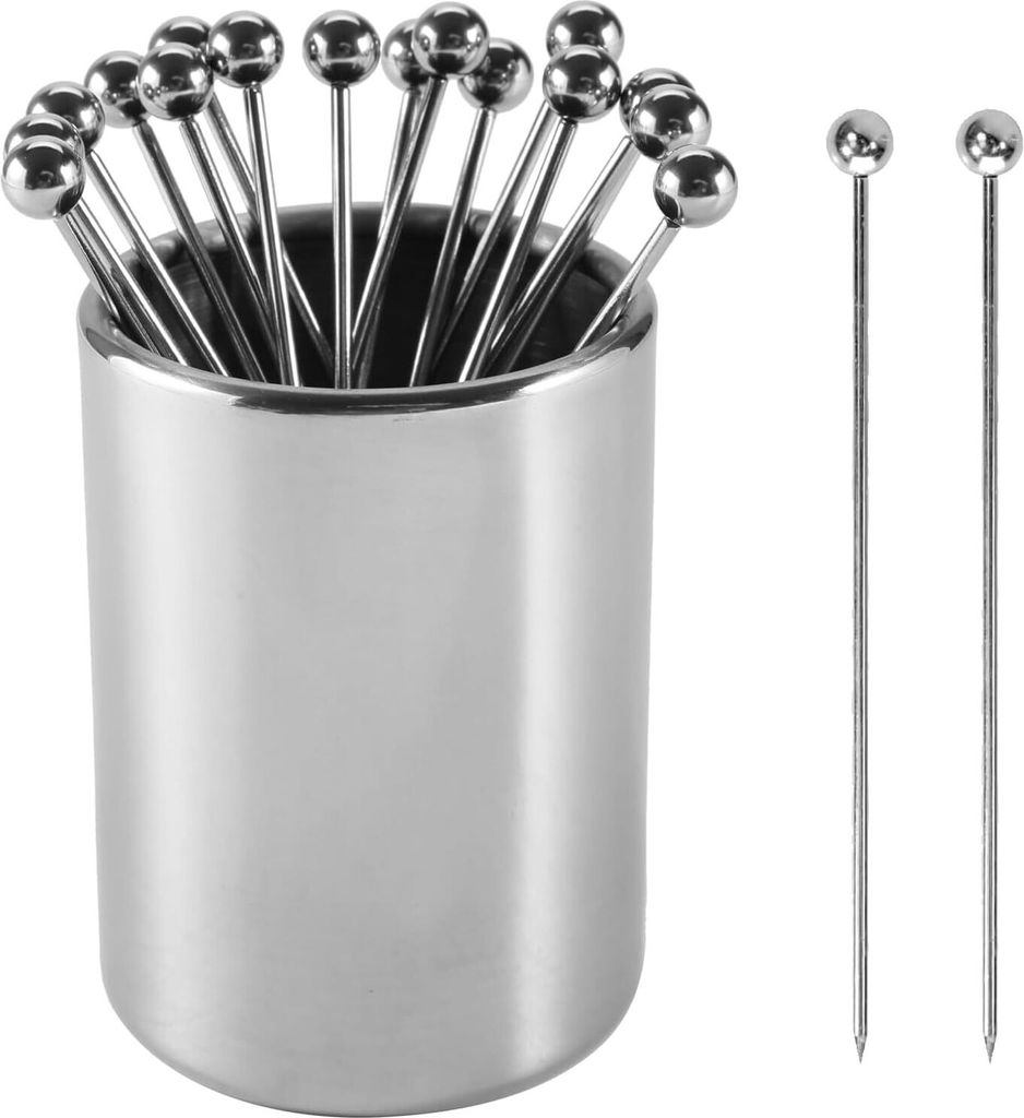 Cocktailspieße aus Metall, 16 Stück + 1 Halter-Set, Cocktailspieße aus 304er Edelstahl, wiederverwendbare Cocktailspieße für Vorspeisen, Sandw...