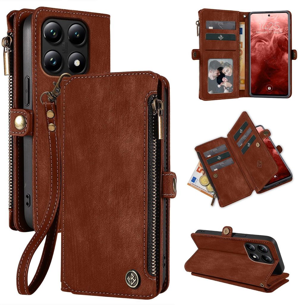 A collage of images showing a brown leather wallet phone case from different angles and with different features.