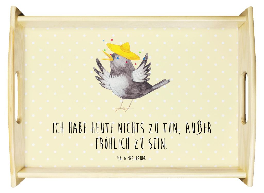 Mr. & Mrs. Panda tablett aus holz Rabe Sombrero - Gelb Pastell - Geschenk, Vögel, Dekotablett, Lustige Sprüche, Sofa, Deko, Elster, Servier, glü...