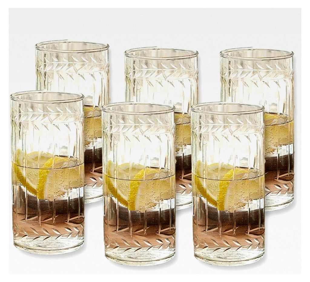 6er Set Padiès aus Glas, mit feiner Glasgravur, mundgeblasen, dezente Längsrillen, zeitloses Design, für den Außenbereich, Trinkglas, klar