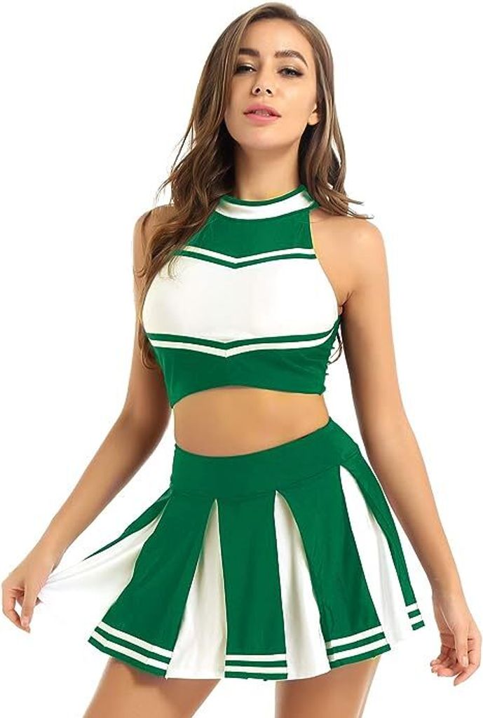 Damen Cheerleader Kostüm Gr. S Uniform Set Crop Top Rückenfrei Faltenrock Minirock Tanz Karneval Party Halloween
