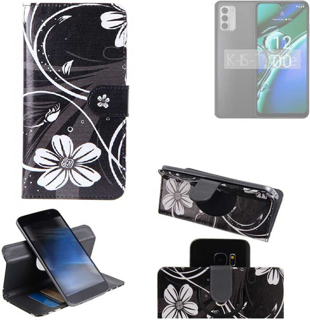 K-S-Trade Schutzhülle Handyhülle kompatibel mit Nokia G42 5G Hülle 360° Wallet Case “Flowers“ Klapphülle Hülle schwarz-weiß 1x