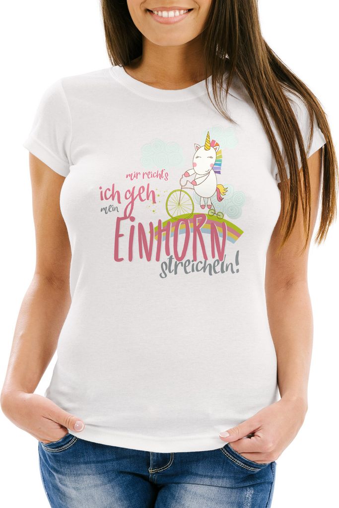 Damen T-Shirt Einhorn auf Fahrrad "Mir reichts ich geh mein Einhorn streicheln" Slim Fit Moonworks weiß-pink XXL