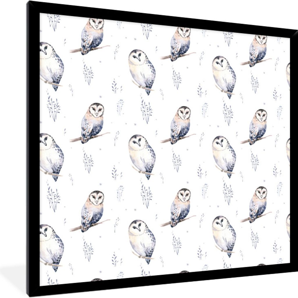 MuchoWow Gerahmtes Poster Winter - Muster - Eule 40x40 cm - Poster mit Schwarzem Bilderrahmen Wandposter Rahmen Foto Bilder - Mit Rahmen - Wandde...